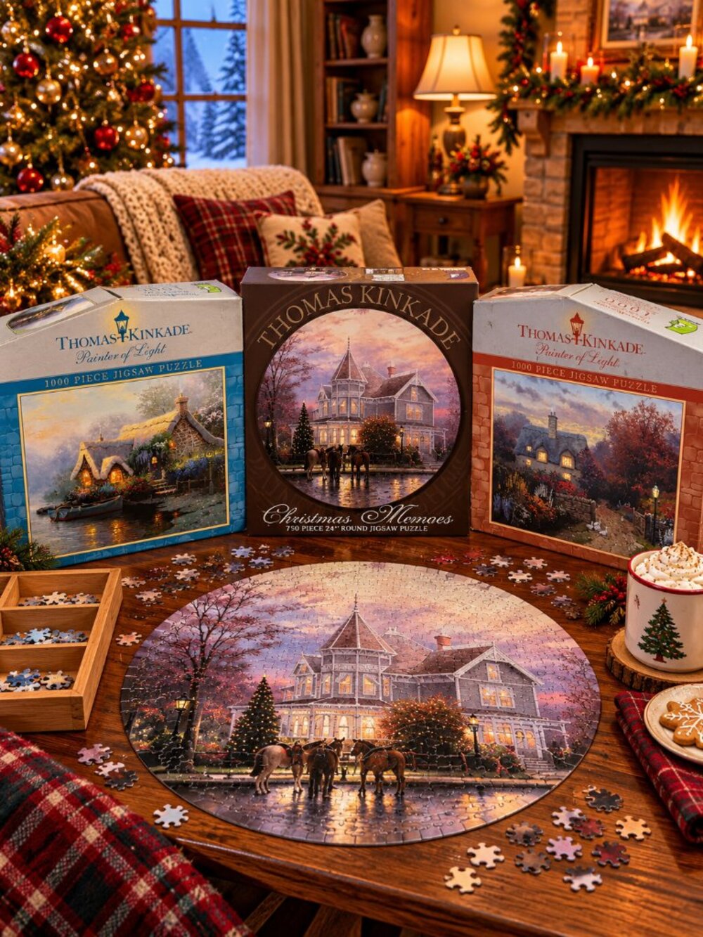 Lot of 3 Thomas Kinkade Jigsaw Puzzles – 2 x 1000 & 1 x 750 Christmas